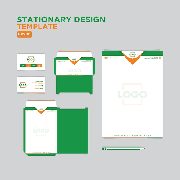 corporate stationary design template green and orange mainly for consulting and traveling firm