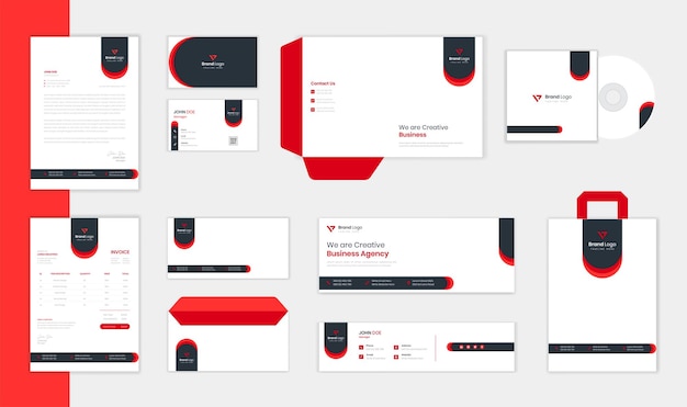 Corporate stationery design print set with red color shapes