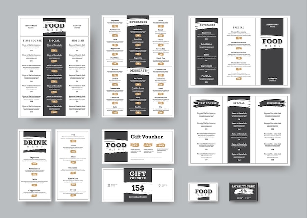 Vector corporate style design for cafes and restaurants in black and white style with dividing into blocks with a stroke and a grunge header effect