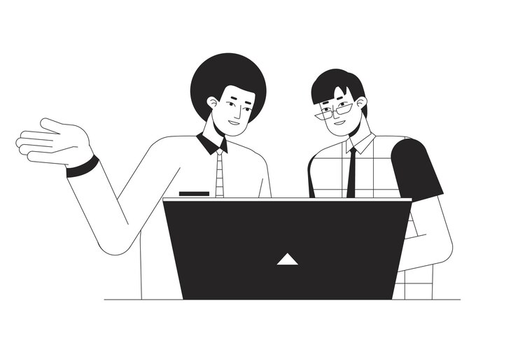 Vector corporate trainer training job intern flat line black white vector characters editable outline half body people on white coworkers simple cartoon isolated spot illustration for web graphic design