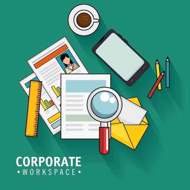 Corporate workspace design with  office supplies over teal background vector illustration