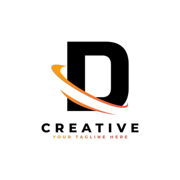 Корпоративный логотип буквы D с креативным изогнутым векторным элементом Swoosh в черном и желтом цвете