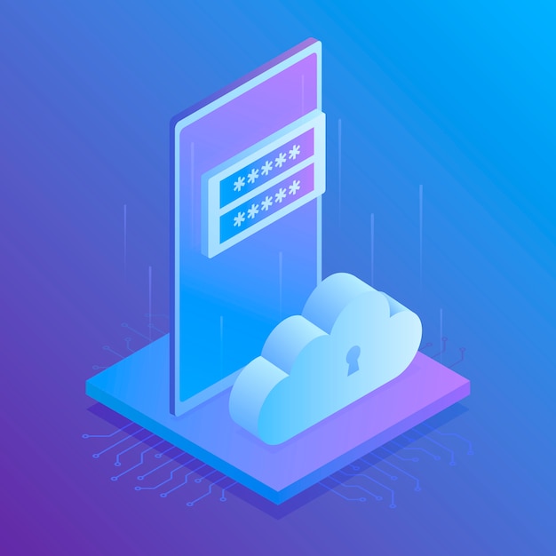 Corporation openbare gegevensopslag, toegang voor bestanden, moderne serverruimte, smartphone, cloudpictogram, registratieformulier. moderne isometrische illustratie