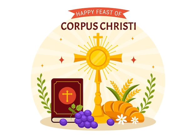 Vettore illustrazione del vettore religioso cattolico del corpus christi con il pane e le uve della croce del giorno della festa