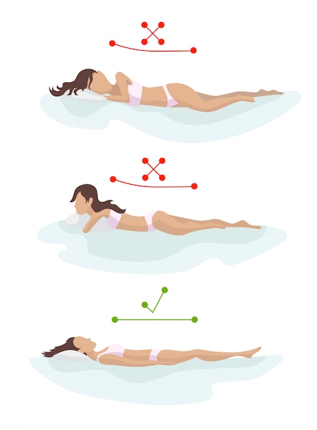 수면 자세가 정확하고 잘못되었습니다. 다양한 매트리스에 척추를 배치하십시오. 정형 매트리스 및 베개.