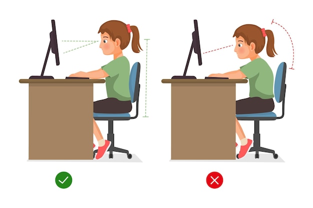 Vettore corretto postura seduta ergonomica di una studentessa errata quando si utilizza il desktop di un computer per uno studente