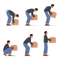 Sollevamento corretto e scorretto del concetto di prevenzione degli infortuni per l'assistenza sanitaria in scatola pesante l'uomo si alza in piedi con il pacchetto di cartone