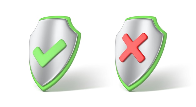 Правильный и неправильный знак на значке 3d щита Правильные и неправильные отметки Зеленая галочка и символ красного креста Истинно ложный флажок Доступ запрещен и разрешена концепция проверки Векторная 3D иллюстрация