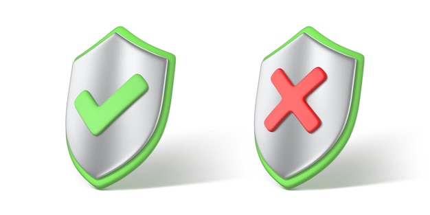 Correct and incorrect sign on 3d shield icon Right and wrong marks Green tick and red cross symbol True false checkbox Access denied and allowed verification concept Vector 3D illustration