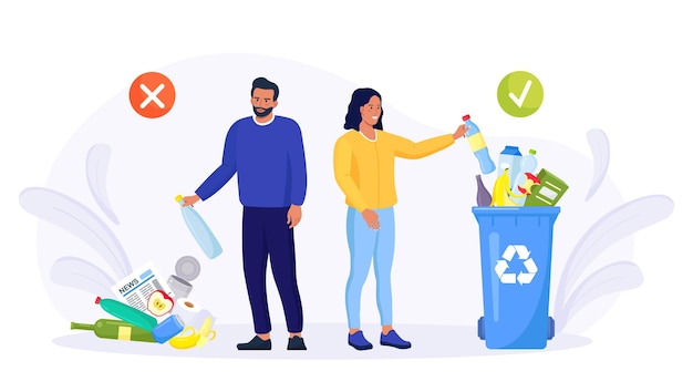 Vector correcte en foute voorbeelden van het weggooien van afval. persoon die afval in vuilnisbakken, afvalcontainers en containers zet. recycle afval, recycling milieu zwerfvuil. vervuiling ecologie bescherming