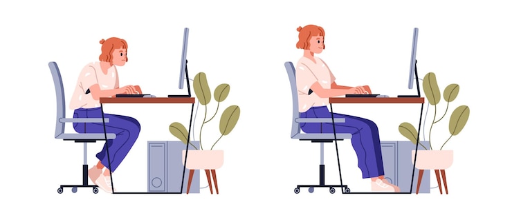 Vector correcte goede positie versus slechte, onjuiste houding om achter een computerbureau te zitten. juiste en verkeerde rug- en nekhoudingen van vrouwen op de werkplek. platte grafische vectorillustratie geïsoleerd op een witte achtergrond