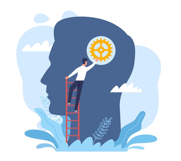 Correction in thinking Man hold gear element head silhouette on background psychologist or psychotherapist helps to solve mental problems business coach consulting Vector concept