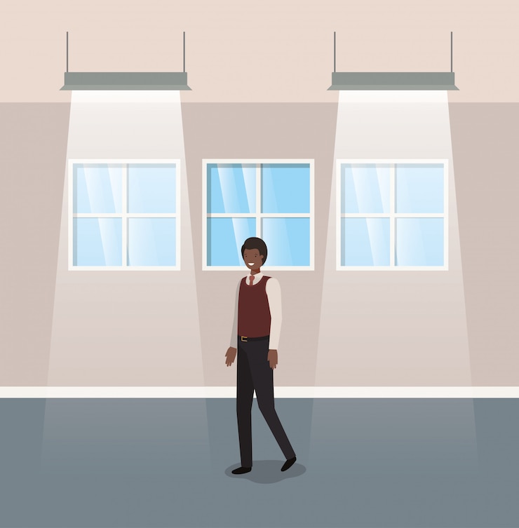 Vector corridor with black businessman walking