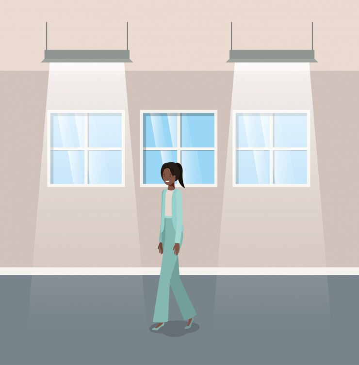 Vector corridor with black businesswoman walking
