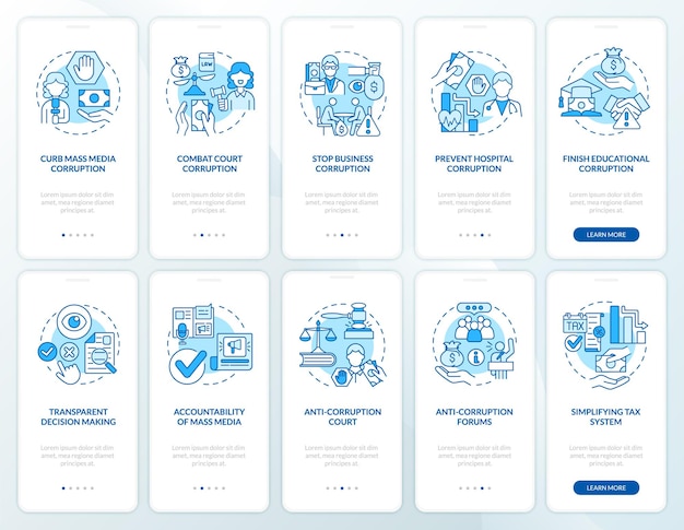 Corruptie onboarding mobiel blauw app-paginascherm. Corruptie activiteiten walkthrough 5 stappen grafische instructies met concepten. UI, UX, GUI vectorsjabloon met lineaire kleurenillustraties