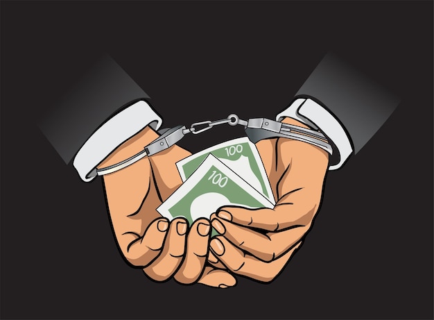 Vettore illustrazione della corruzione mani che tengono denaro mentre sono bloccate in manette