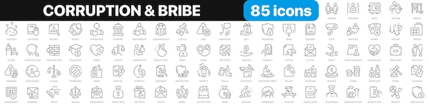 Corruption line icons collection Bribe money illegal justice crime icons UI icon set Thin outline icons pack Vector illustration EPS10