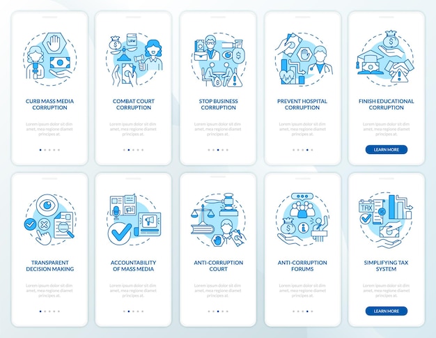 Corruption onboarding mobile blue app page screen. Corruption activities walkthrough 5 steps graphic instructions with concepts. UI, UX, GUI vector template with linear color illustrations