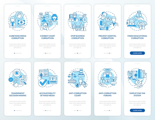 Corruption onboarding mobile blue app page screen. corruption activities walkthrough 5 steps graphic instructions with concepts. ui, ux, gui vector template with linear color illustrations