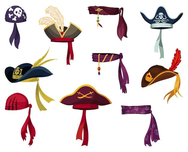Vector corsair and pirate hats pirate fancy dress design elements buccaneer or corsair carnival costume hats sea piracy cap fashion headdress accessory to party with roger