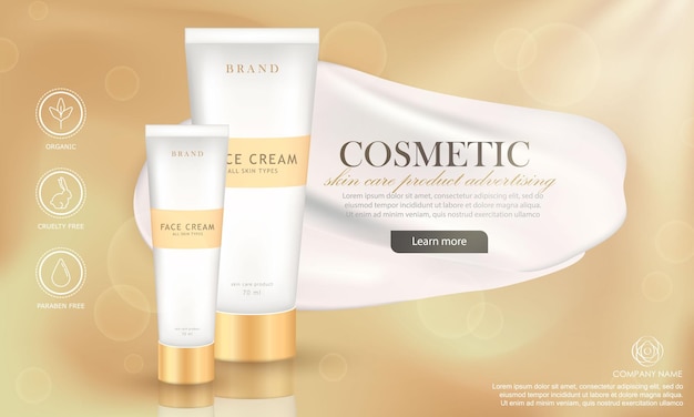 Banner pubblicitario cosmetico con prodotto di lusso per la cura della pelle in confezione bianca poster dorato con striscio di crema
