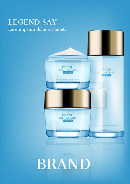 Cosmetic ad, serum and moisturizer on light blue background