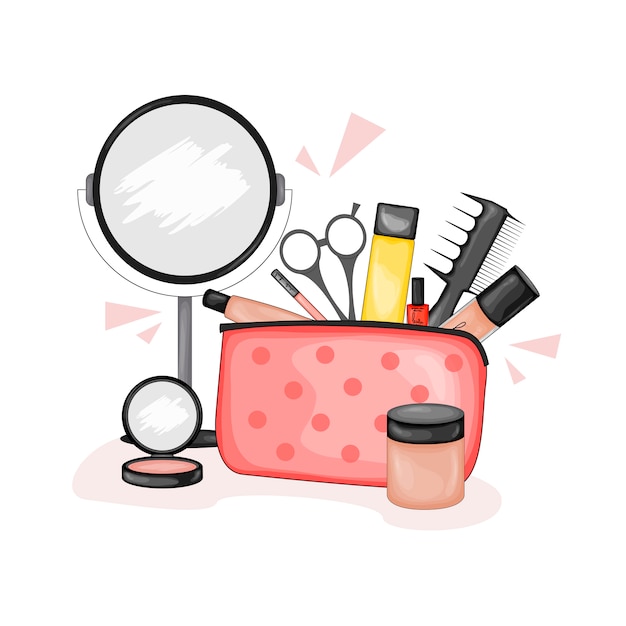 Premium Vector | Cosmetic bag with a set of beauty items. cartoon style.