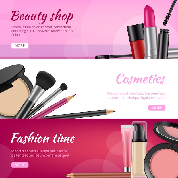 Vector cosmetic banners. ads flyers with cosmetics products lipstick eye shadow nail polish pencils powder  illustrations