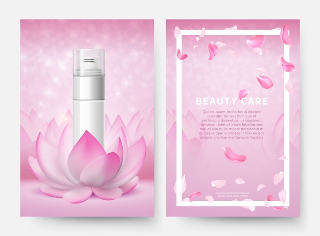 Banner cosmetici. modello di volantini vettoriali cosmetici per la cura della pelle. flacone spray per schiuma da barba contenitore in fiore di loto e petali volanti rosa