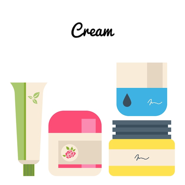 Cosmetic beauty products in bottles, jars set. Body, face care, skincare hygiene essences. Cream