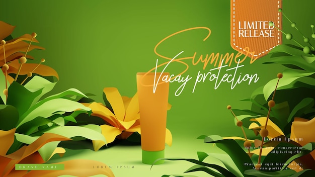 cosmetic bottle ads or presentation layout template with colorful tropical summer foliage scene