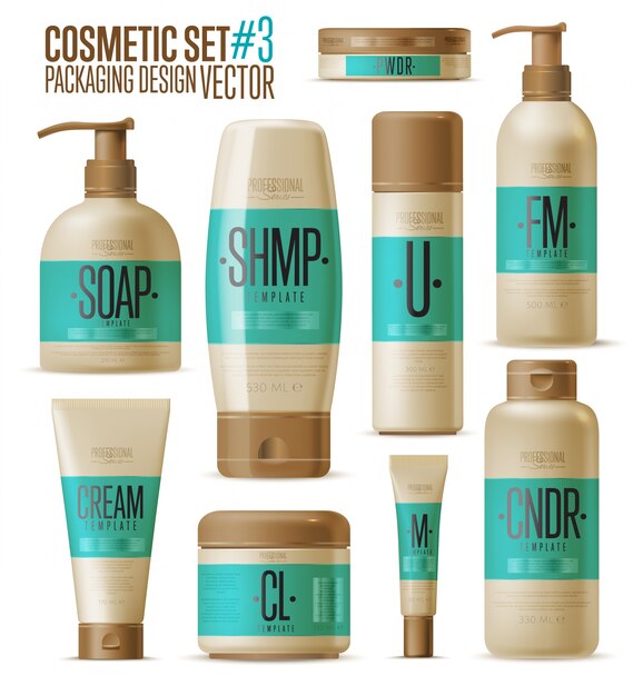 Vector cosmetic brand template, realistic bottle set,