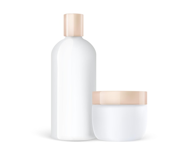 Cosmetic care cream jar and shampoo plastic bottle with gold caps