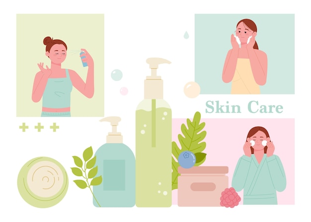 Cosmetic containers are placed in the center, and  women doing skin care around them.