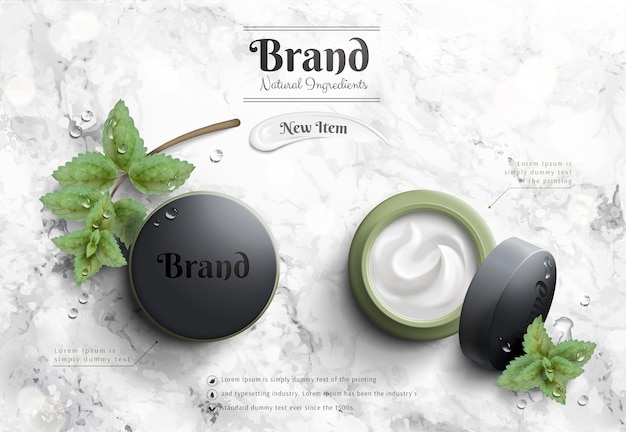 Vector cosmetic cream jar ads with murky green package and mints element on marble stone table in 3d illustration