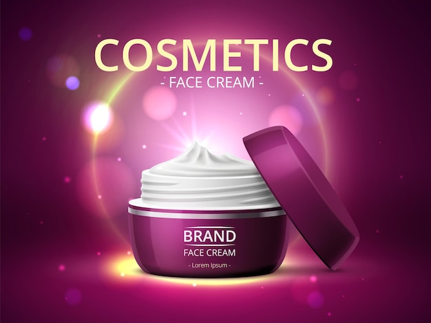 Cosmetic cream poster. face skin care jar beauty product, advertising banner design, glow backdrop, realistic open luxury blank container template, skin body care advertising vector concept