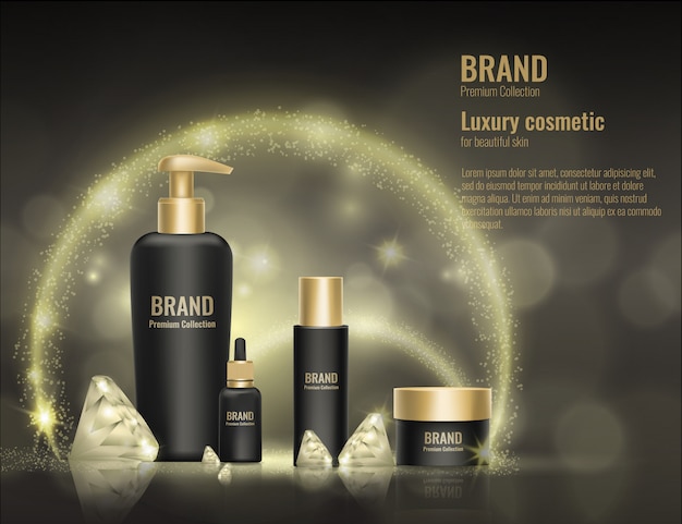 Cosmetic cream realistic template product package gold  3d diamond advertising illustration.