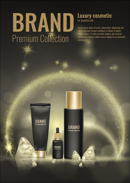 Illustrazione realistica crema cosmetica di pubblicità del diamante dell'oro 3d del pacchetto del prodotto del modello.