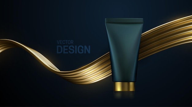 Cosmetic cream tube  with golden streaming wave