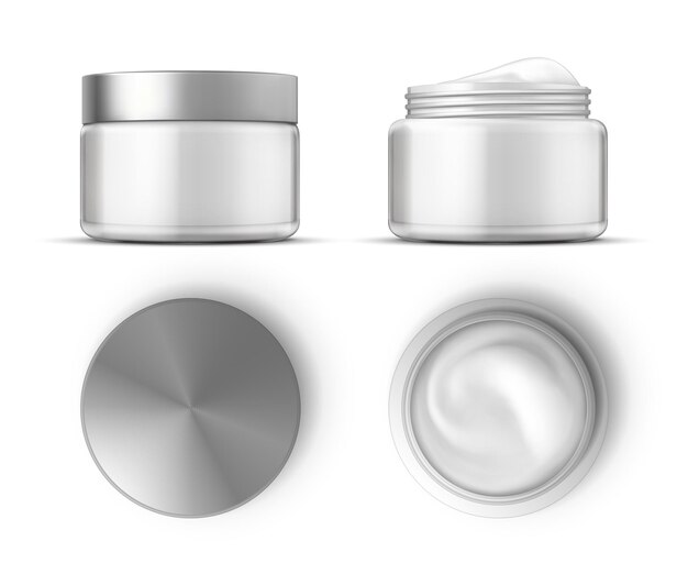 Cosmetic cream in white jar top and front views mockup. Realistic skin care product package. Round open container with cream gel vector set. White cream, cosmetic jar product for beauty
