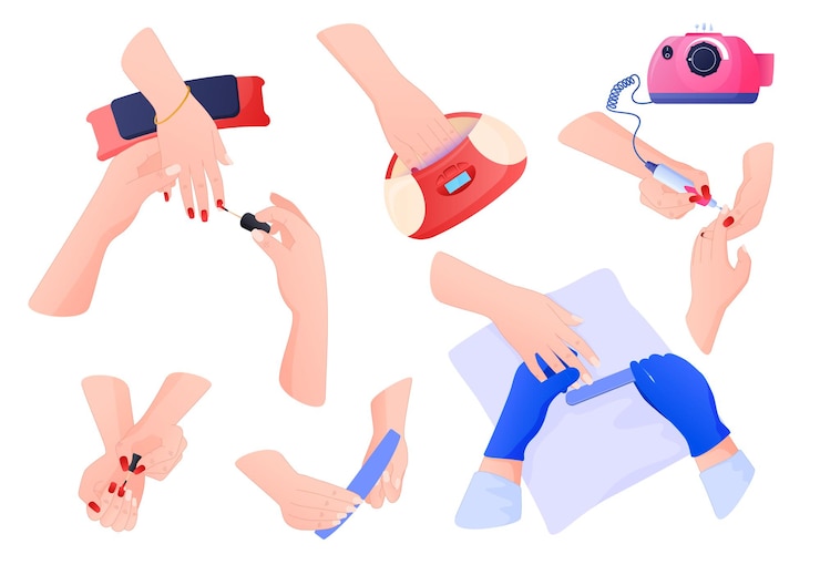 Vector cosmetic devices, self-care. hands in different poses do manicures, apply nail polish, nail files.