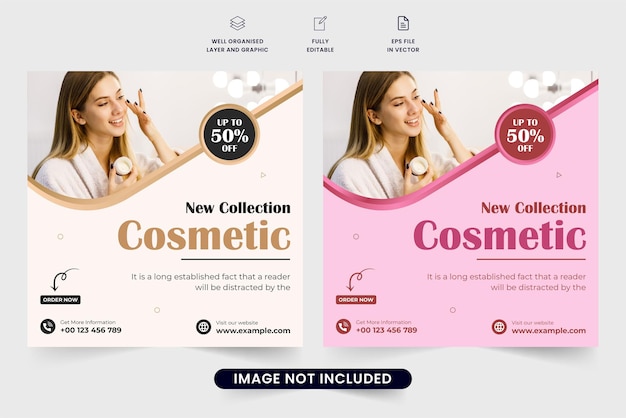 Cosmetic discount offer template vector with golden and pink colors Beauty product business web banner design for social media promotion Skincare product sale template for marketing