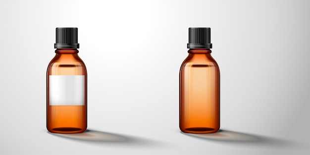 Vector cosmetic glass bottle, one with label on it, translucent brown bottle in 3d illustration