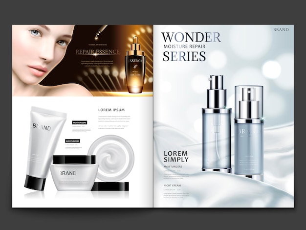 Cosmetic magazine design, attractive model with skincare sets on silky satin background in 3d illustration