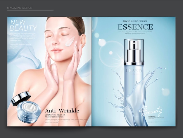 Cosmetic magazine template, elegant model with anti-wrinkle cream on her face, essence spray bottle with splashing liquid in 3d illustration