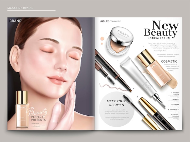 Vector cosmetic magazine template, elegant model with foundation products, in 3d illustration