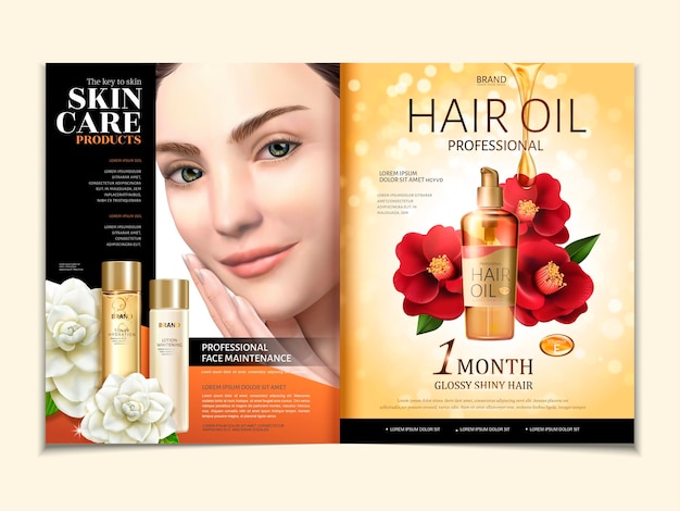 Шаблон косметического журнала, масло для волос с элегантной моделью на 3d иллюстрации, красно-белая камелия на фоне золотого блеска