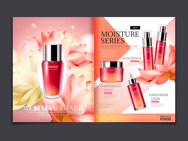 Vector cosmetic magazine template, lotus series products with elegant flower elements and glitter lights in 3d illustration