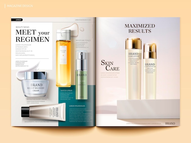 Vector cosmetic magazine template, skincare products with their texture isolated on geometric background in 3d illustration