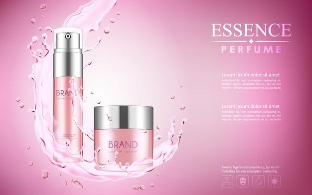 Cosmetic mock up with water pour elements on pink background